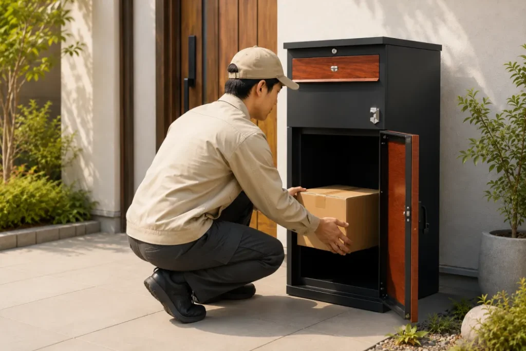 宅配Boxに荷物を入れる配達員